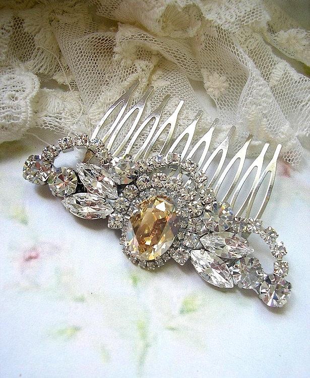 Mariage - champagne and Clear Swarovski wedding hair comb, bridal hair comb, head piece, bridal hair jewelry ,vintage style, wedding hair accessories,