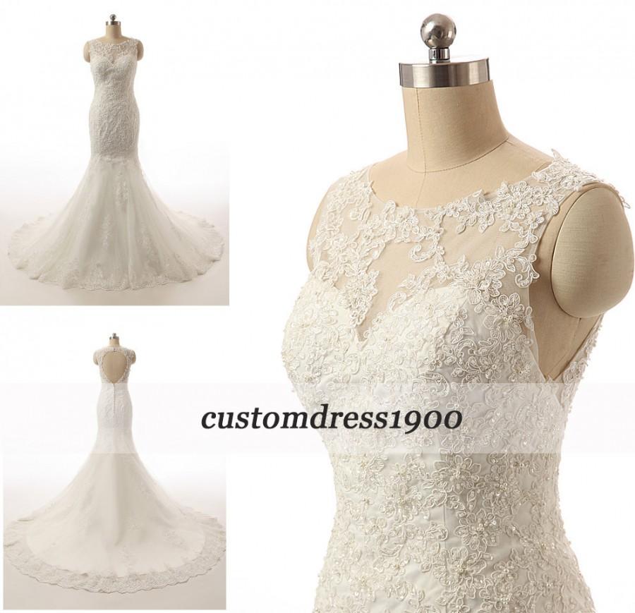 Свадьба - Vintage Cap Sleeve Seeep Train White/Ivory Bridal Gowns Handmade Appliqued Tulle Mermaid Wedding Dress