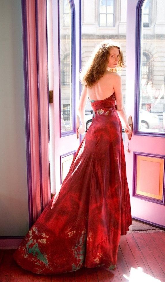 Wedding - Red silk halter wedding dress with train and sash custom made for you for your wedding