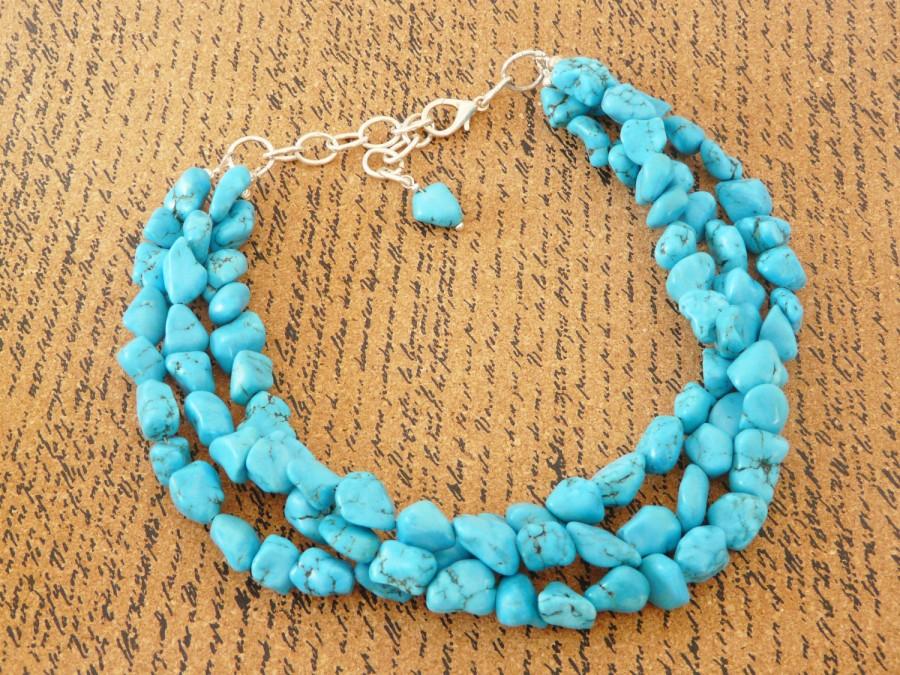 Hochzeit - Chunky Turquoise Necklace Beach Wedding Jewelry Turquoise Megan Necklace 3 Strand Turquoise Nugget  Necklace Cowgirl Jewelry Western Jewelry