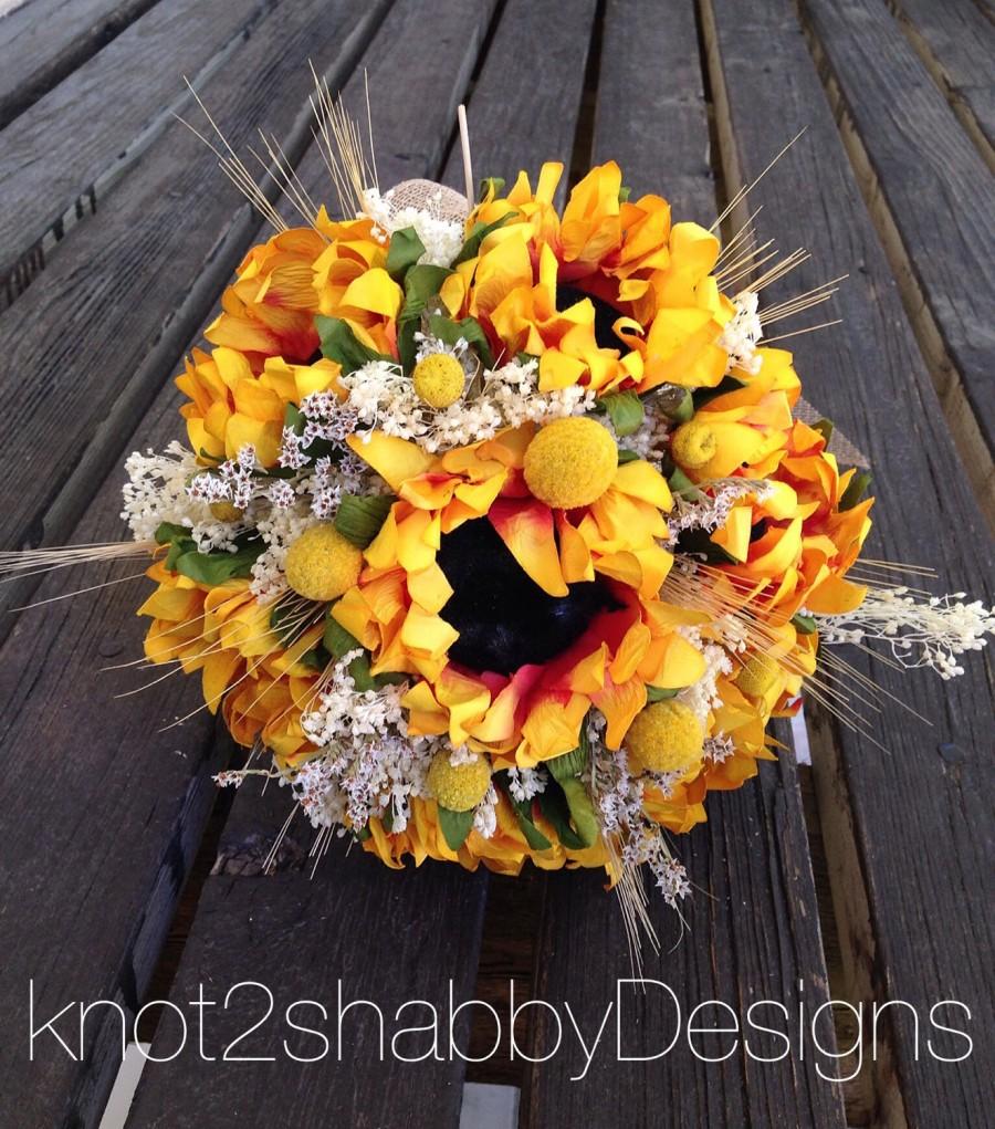 Hochzeit - Sunflower bouquet - Bridesmaids bouquet  - babys breath - wheat - dried billy balls bouquet - country wedding - sunflower bridal bouquet 