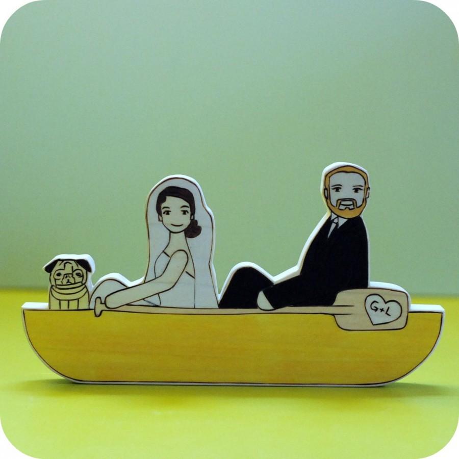 زفاف - Custom Wedding Cake Topper Couple in  Canoe or Kayak with One Pet