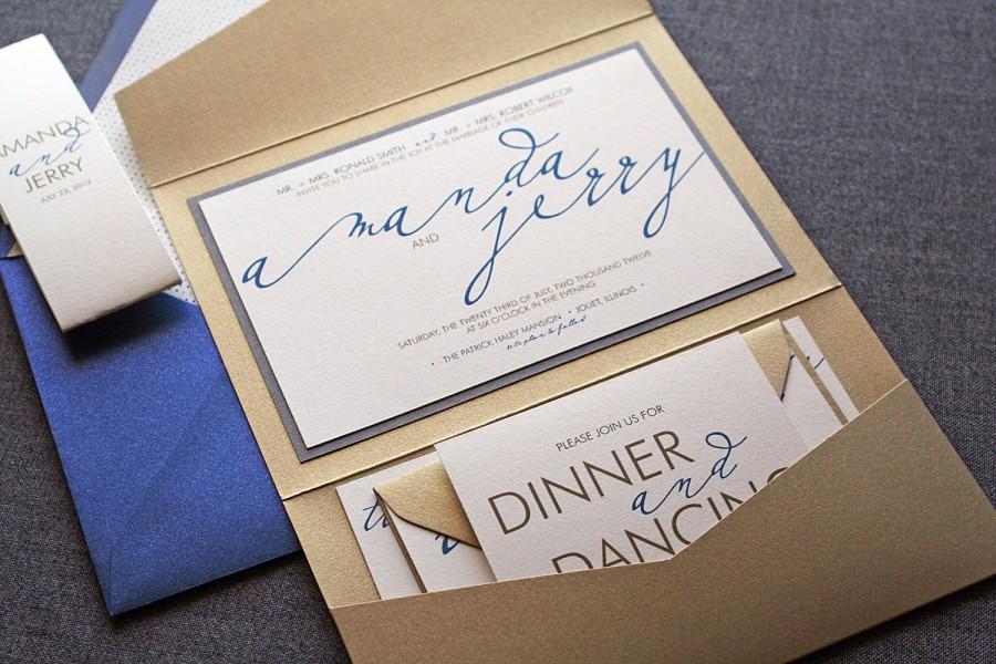 Свадьба - Calligraphy Wedding Invitation, Script Invitations, Sapphire Blue, Gold, Grey, Cream, "Modern Calligraphy" Pocketfold 1 Layer, v3 - SAMPLE