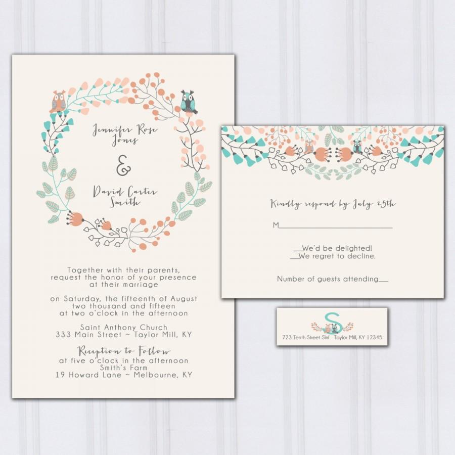 Wedding - Owl Wedding Invitations, Floral Boho Wedding Invitation, Aqua Blue and Peach Wedding, Blue and Gray, Discount Wedding Invites, SAMPLE