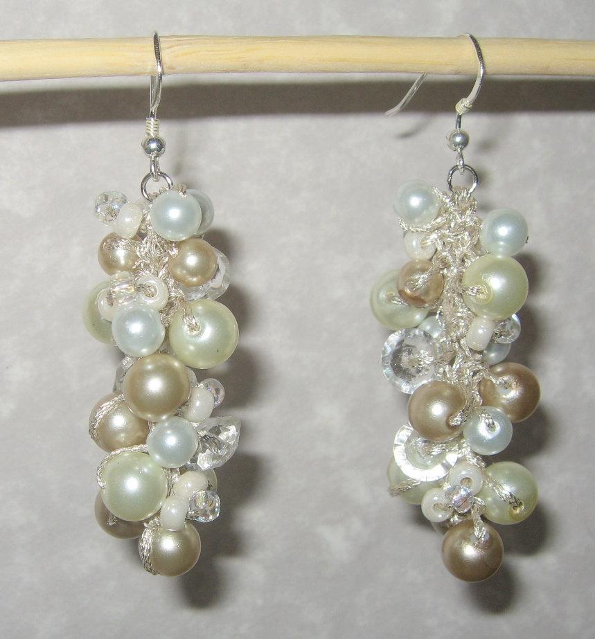Wedding - Cascading Dangle Pearl Crystal Wedding Earring - Elegant  SPARKLING Champagne Pearls on  ICE-  Spiral  Cluster  Hand Knit Earrings