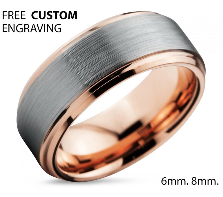 Wedding - Tungsten Ring Rose Gold Wedding Band Ring Tungsten Carbide 8mm 18K Tungsten Ring Man Wedding Band Male Women Anniversary Matching