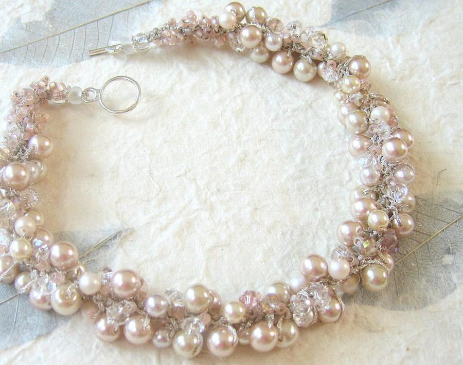 Hochzeit - ENGLISH Rose, Oyster, Pink Champagne, Pearl Crystal Wedding Necklace/ Cottage Chic, Hand Knit Original, Sereba  Designs Etsy