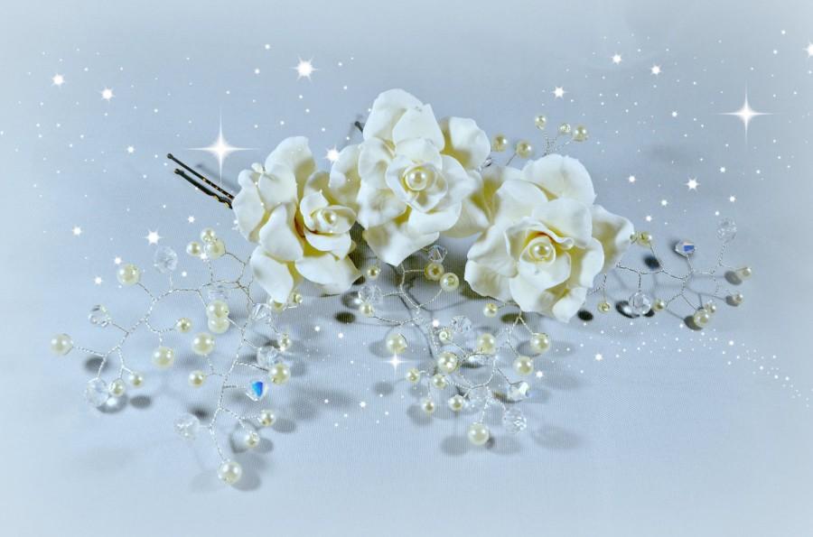 Wedding - Bridal hair pins, Crystal headpiece with rose, Wedding hair piece, White pearl headpiece, Porcelain jewelry, Pearl hair vine, Ivory wedding
