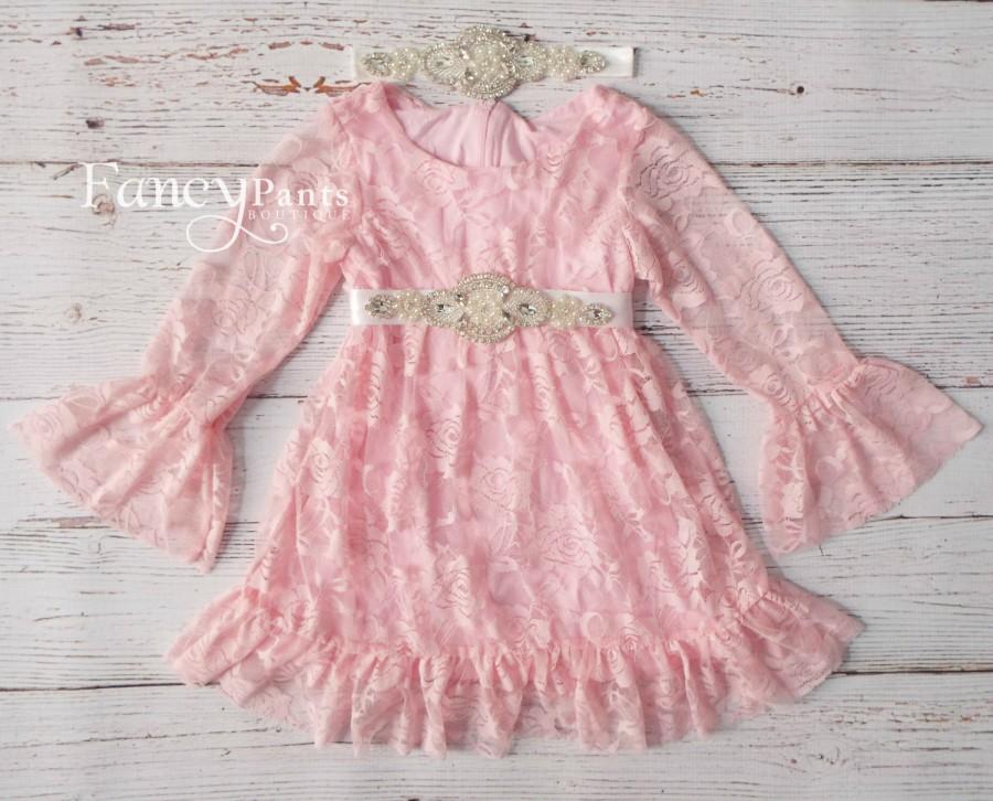 Mariage - Girls' Dresses, Boho style, pink lace flower girl dress, rhinestone belt, birthday dress, baby girls dress, pink dress, toddler dress