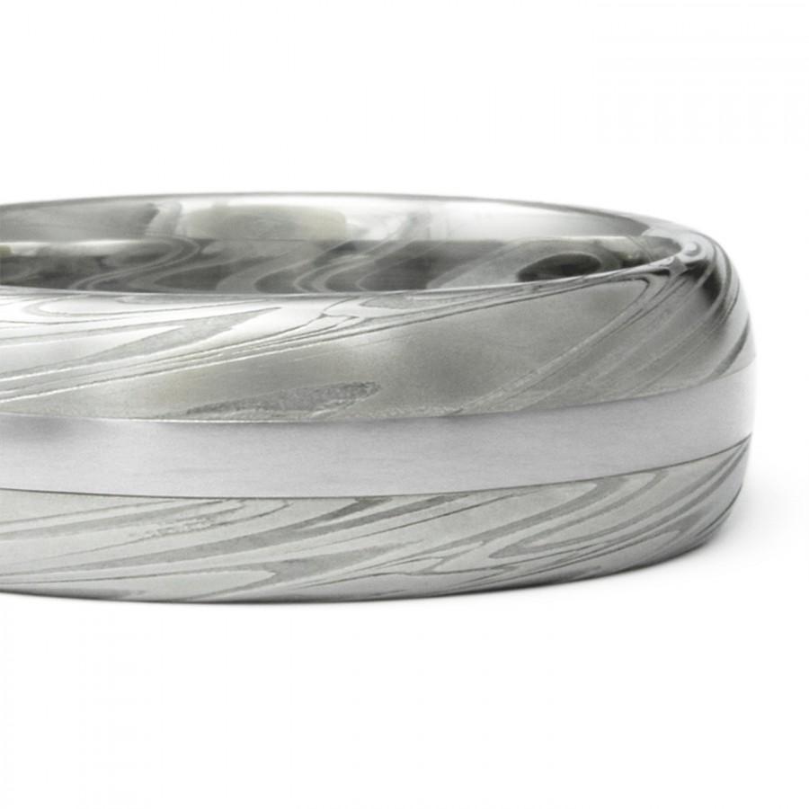 Hochzeit - 14K White Gold Inlay in Damascus Mens Wedding Band. Half Round 5mm, 6mm or 7mm, Powerful Swirling Current Pattern. Premium Handmade Ring.