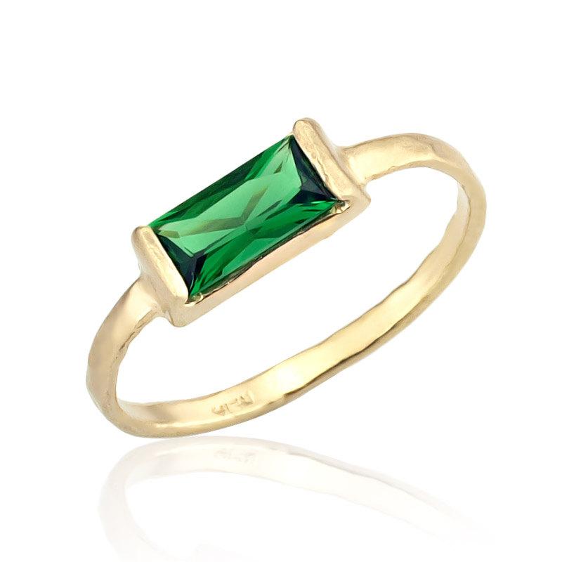 Wedding - 14K Gold Band With Emerald CZ Stone, Emerald Birthstone Ring, Emerald Jewelry