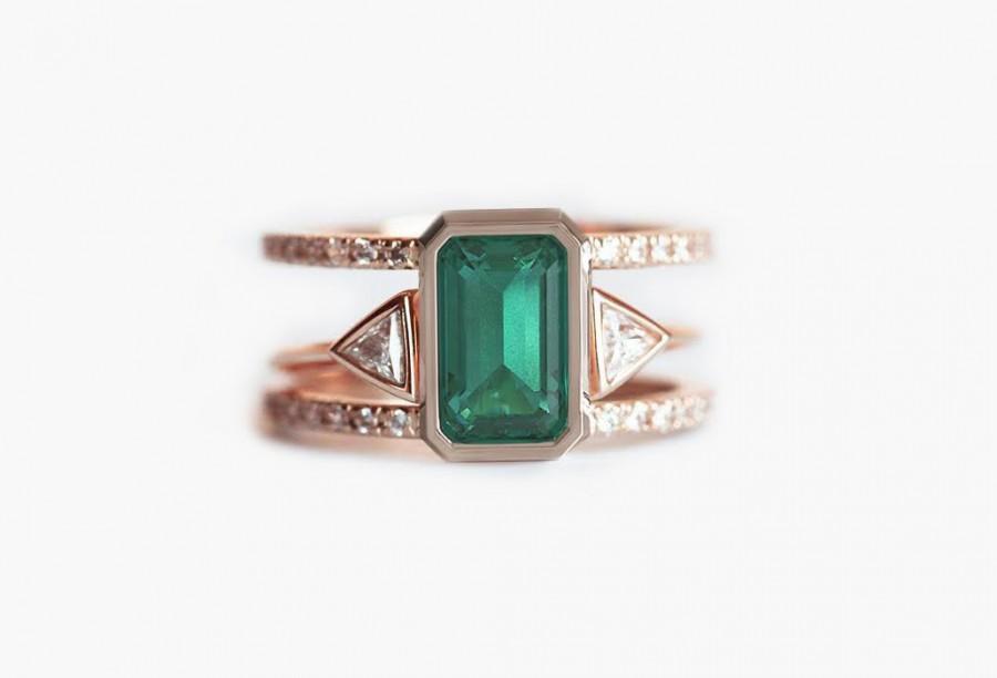 Свадьба - Emerald Engagement Ring, Emerald Wedding Ring Set, Rose Gold Diamond Set, Rose Gold Wedding Ring Set, Set of 2 Rings