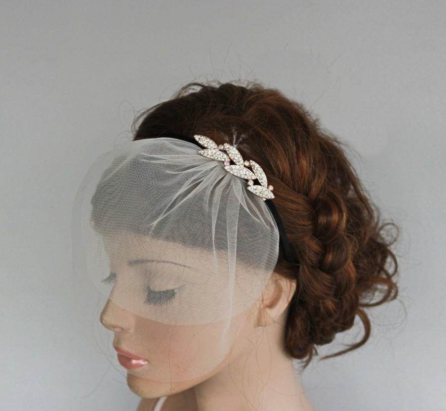 Wedding - Rhinestone Headband with Mini Blusher Veil, Black Velvet Bridal Headband, Wedding Hair Accessory, Crystal Leaves, Black Velvet, Handmade