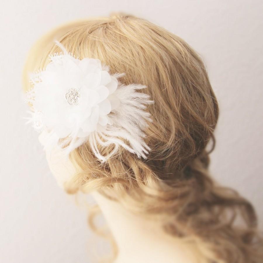 Hochzeit - Bridal Flower Hair Clip - Rhinestone Feather Hair Flower - Wedding Hair Accessory
