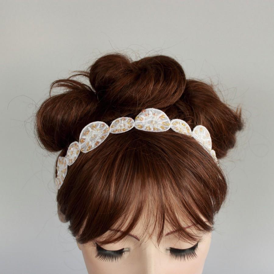 Hochzeit - Beach Wedding Headband Bridal Headband, Art Deco Weddings Sash Cream Champagne Ivory Satin Eyelet Handmade