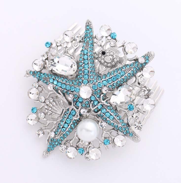 Wedding - Starfish Hair Comb, Blue Bridal Comb, Crystal Pearl Starfish Hair Pin, Beach Wedding, Bridal Hairpiece, Rhinestone Starfish Headpiece