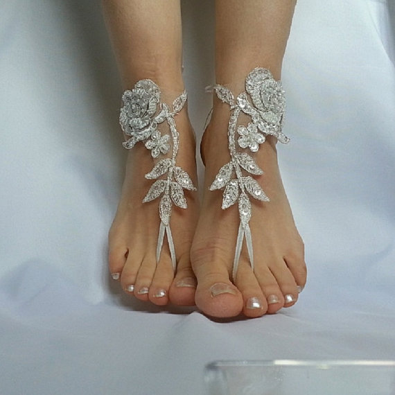 Wedding - ivory silver frame barefeet beach wedding country wedding sandals shoes bridesmaid sexy free ship anklet barefoot Bellydance Steampunk