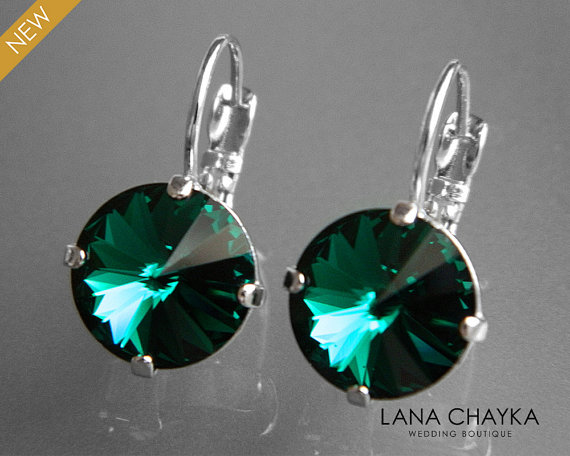Hochzeit - Emerald Crystal Earrings Swarovski Emerald Rivoli Silver Earrings Green Crystal Leverback Wedding Earrings Hypoallergenic Emerald Earrings