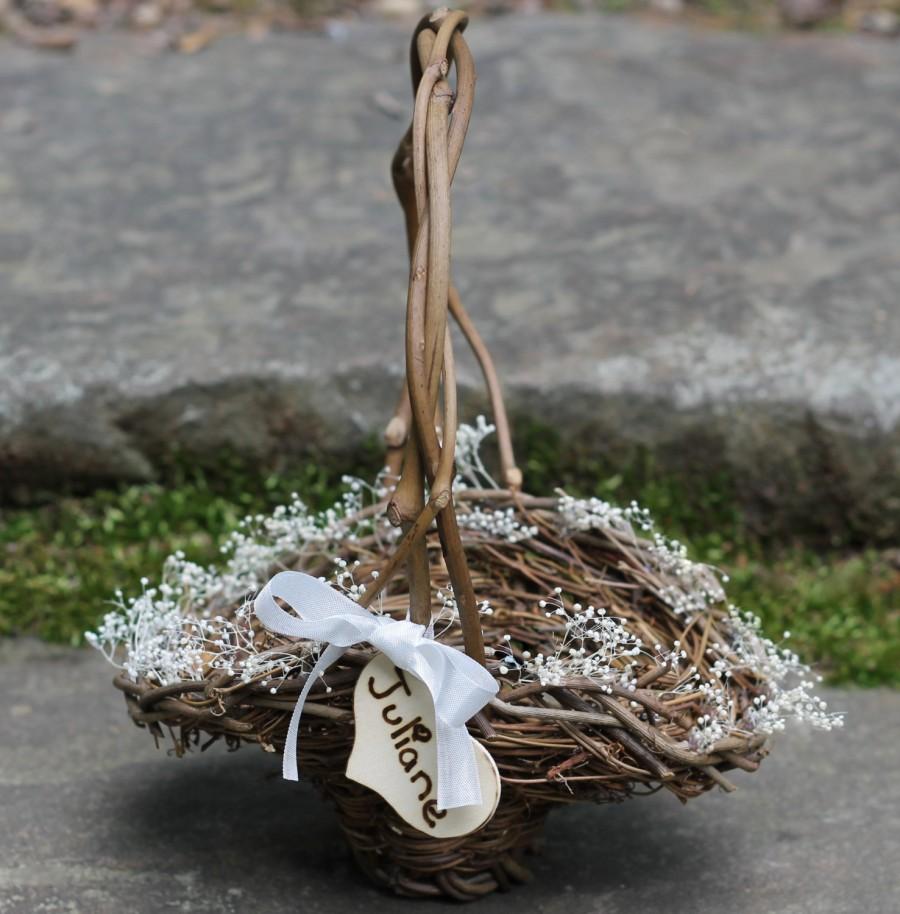 Свадьба - Flower Girl Basket Rustic Personalized Heart Lined In Baby's Breath, Christmas Basket, Custom Color  Ribbon For Cottage, Rustic Wedding