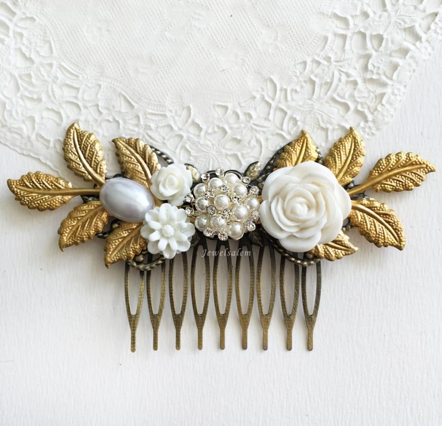 Hochzeit - White Wedding Comb Gold Leaf Bridal Hair Accessories Rhinestone Crystal Pearl Hair Pin Downton Abbey Inspired The Great Gatsby Hair Slide