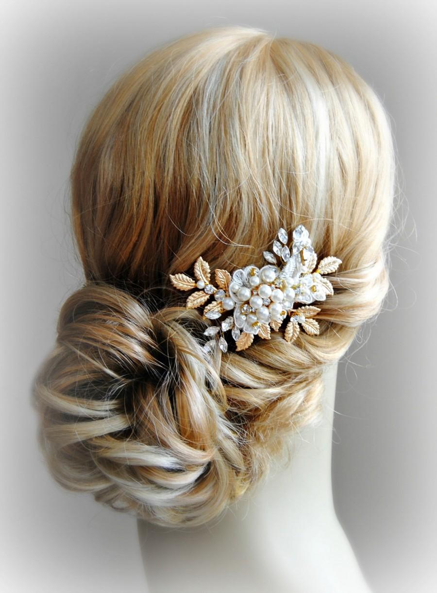 زفاف - Gold Leaves Hair Clip, Wedding Head Piece with Pearls, Crystals, Boho Bridal Fascinator, Silver, Rose Gold - ROMA