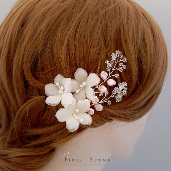 Wedding - Silk Swarovski Bridal Hairpiece, Pearl Wedding Hairpiece, Crystal Bridal Hair Piece, Floral Bridal Hairpin, Ivory Flower Bridal Hair Pins