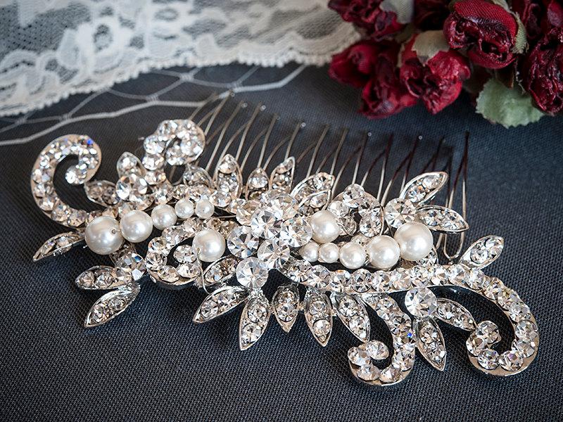 Hochzeit - Bridal Hair Accessories, Wedding Crystal Hair Comb, Flower and Leaf Rhinestone and Pearl Bridal Hair Comb, Vintage Style Headpiece, ANGE
