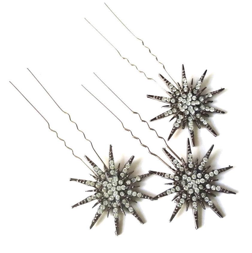 Mariage - Deco star burst hair pins, silver rhinestone star headpiece, Deco bridal headpiece
