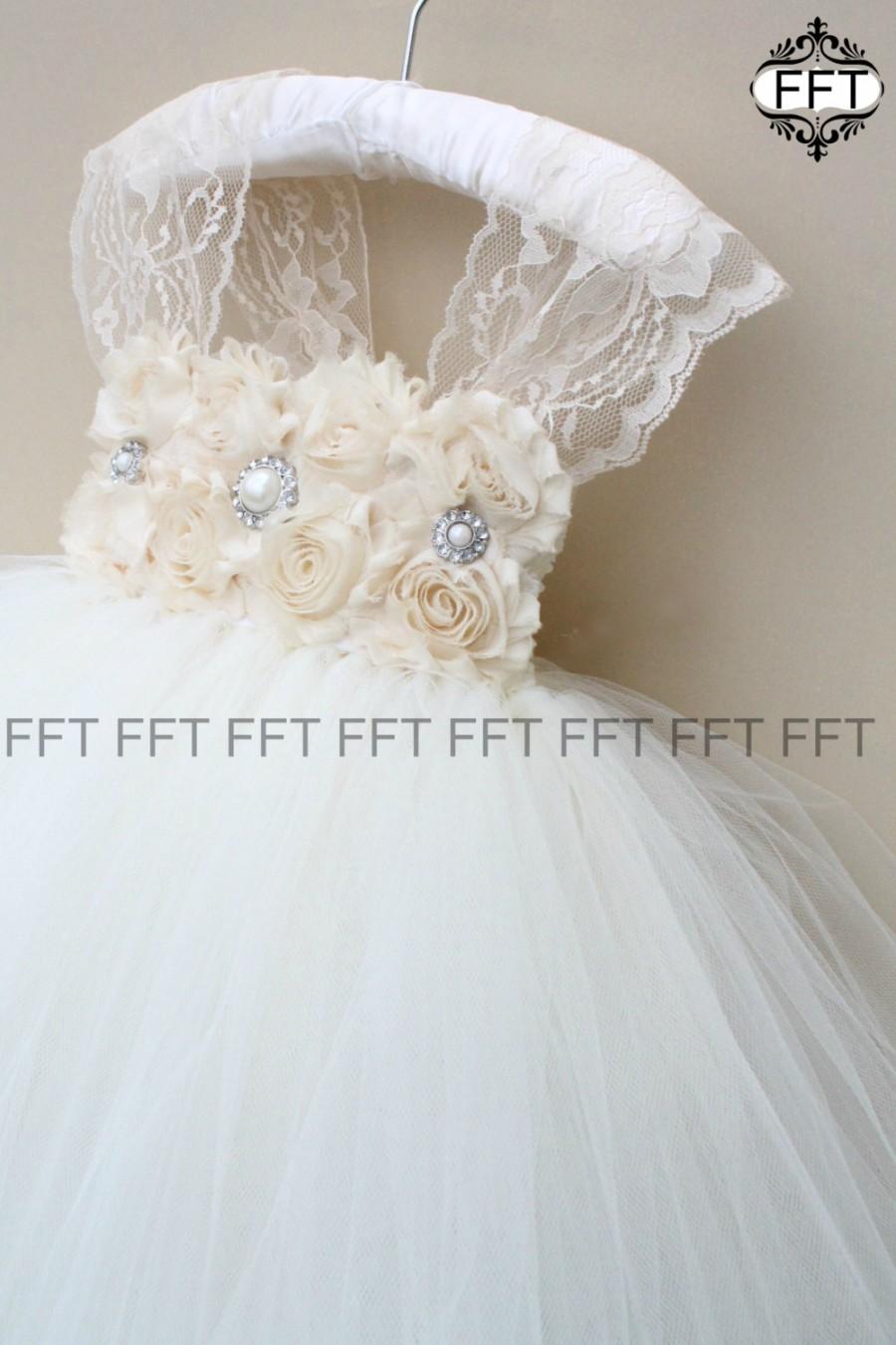 Hochzeit - Champagne Lace Ivory Flower Girl Tutu Dress