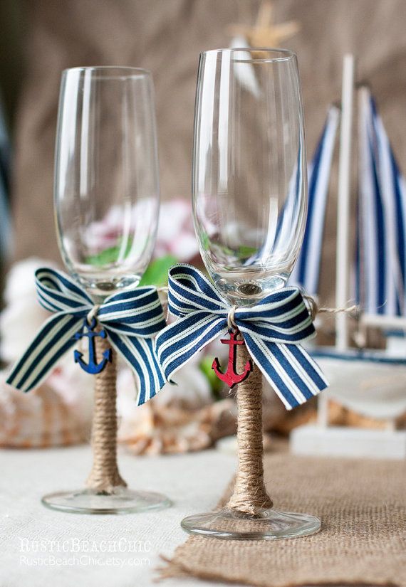 Wedding - Nautical Wedding Glasses With Anchor, Bow, Rope - Beach Wedding Nautical - Personalized