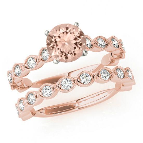 Hochzeit - 1 Carat Morganite & Diamond Vintage Style Engagement Ring Wedding Set 14k Rose Gold