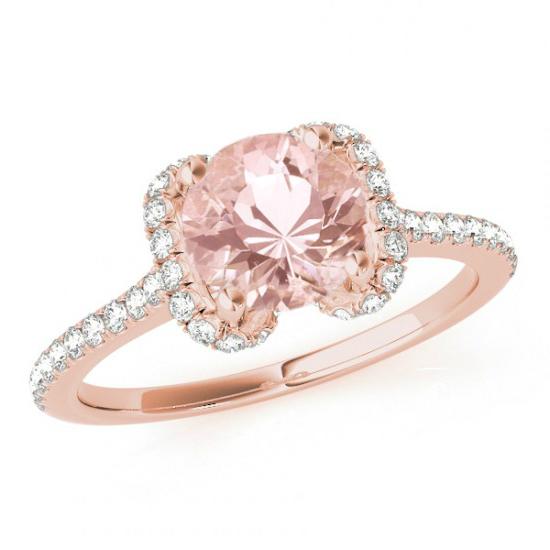 Wedding - 1 Carat Morganite & Diamond Ribbon Halo Engagement Ring 14k Rose Gold
