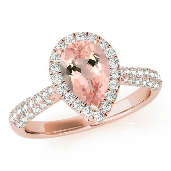 Wedding - 9x6mm Pear Morganite & Diamond Halo Engagement Ring 14k Rose Gold