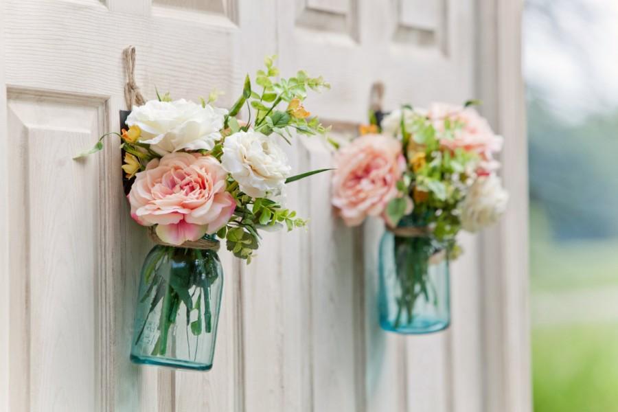 Wedding - Mason Jar Floral Centerpiece, Peach Flower Arrangement, Yellow, Rustic Wedding Décor, Country, Barn Wedding. Aisle Décor, Hanging Mason Jars