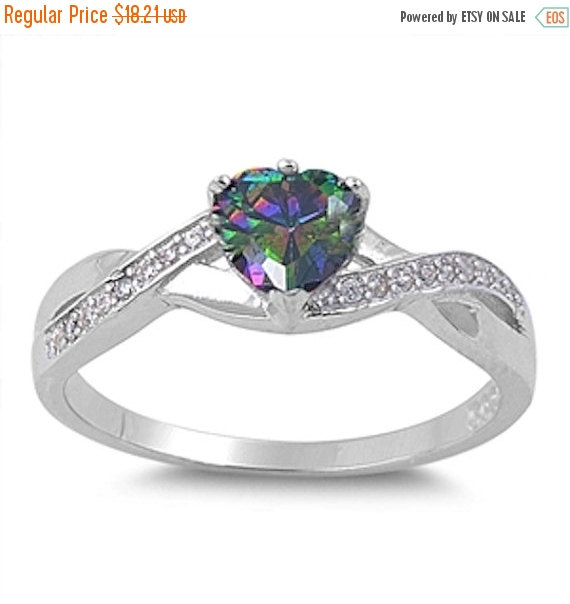 Wedding - 0.74 Carat Heart Shape Mystic Rainbow Topaz Round Russian Diamond CZ Criss Cross Infinity Band 925 Sterling Silver Promise Ring Love Gift
