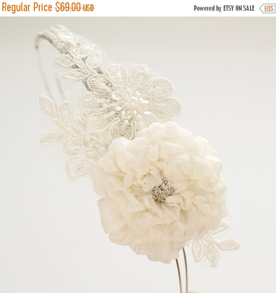 Mariage - SHOP CLOSING SALE Lace Flower Headband Bridal Crystal Hairband Floral Rhinestone Headpiece Ivory Wedding Hair Accessory