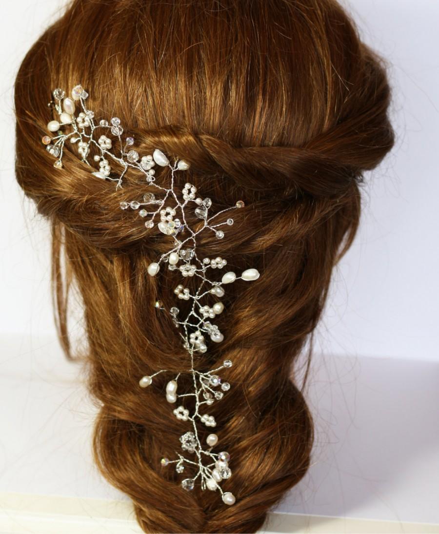 Mariage - Bridal hair vine, babies breath wedding hair vine, pearl and crystal hair vine, Gyp hair vine, boho bridal hair vine, pearl crown, halo