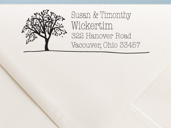 زفاف - Personalized Return Address Stamp - Skinny Font with Tree Design - TR41