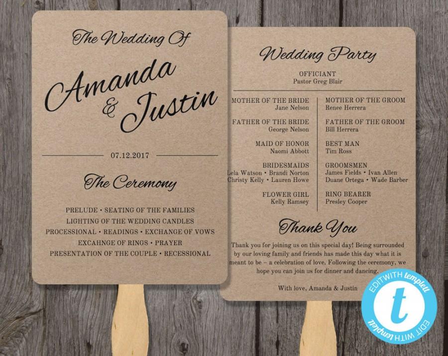 Hochzeit - Rustic Wedding Program Fan Template, Fan Wedding Program Template - Instant Download - Edit in Our Web App - Clean & Cursive