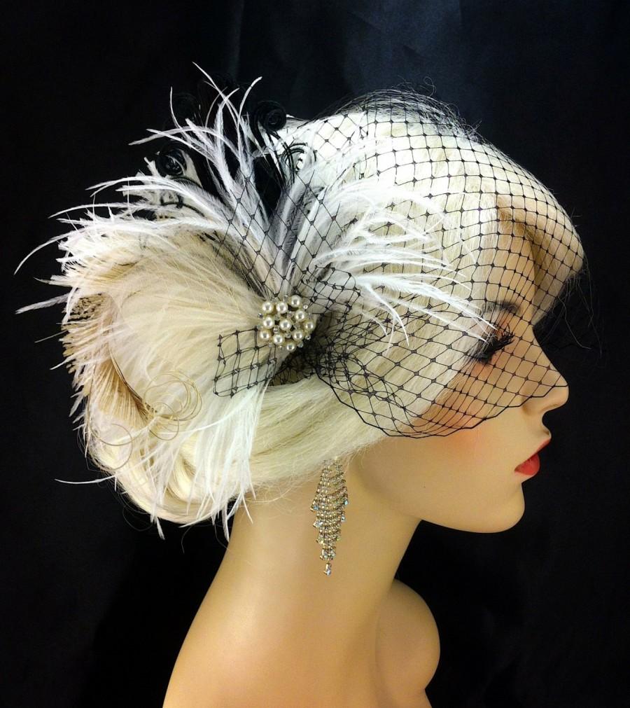 زفاف - Fascinator, Bridal Feather Fascinator, Bridal Headpiece, Wedding Veil, Wedding Fascinator, Feather Fascinator, Black, White, Ivory, Pearls