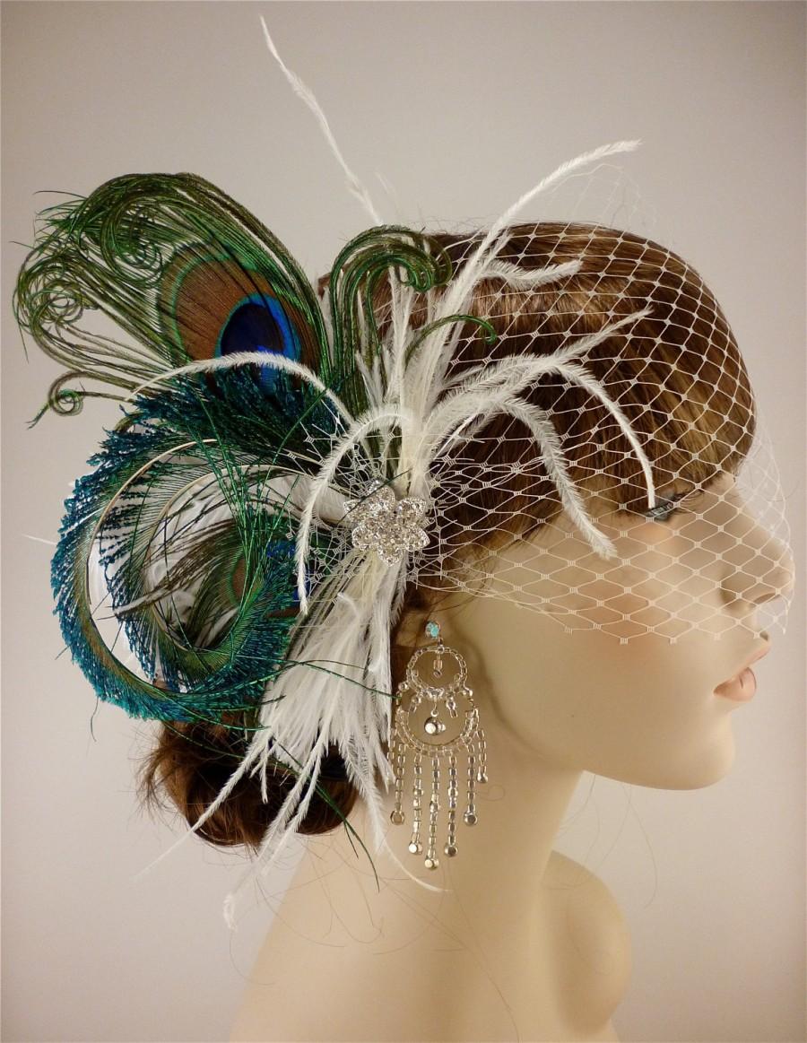 Hochzeit - Bridal Feather Fascinator, Peacock Bridal Fascinator, Bridal Headpiece, Bridal Hair Accessories, Birdcage Bridal Veil
