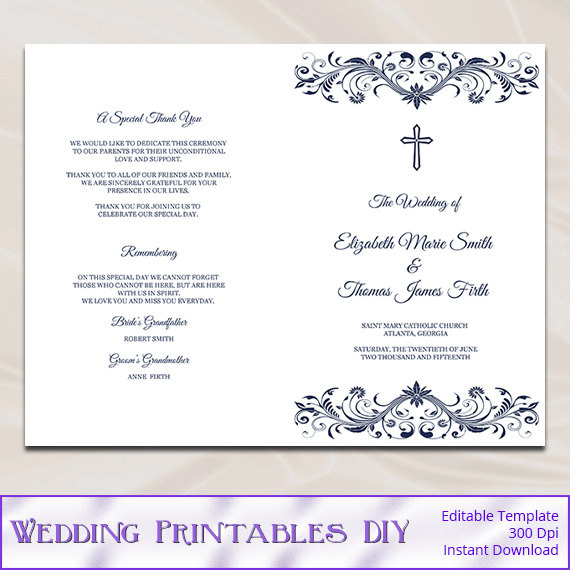 Catholic Wedding Program Template Diy Navy Blue Cross Ceremony Booklet 