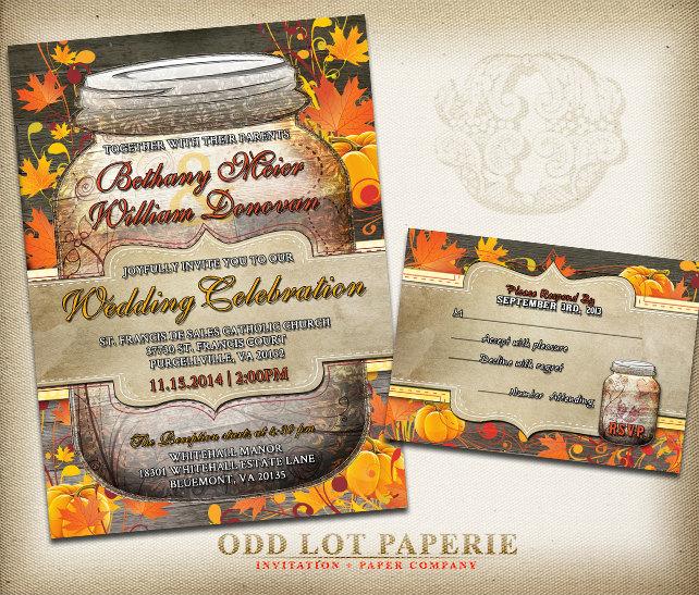 Свадьба - Rustic Fall Mason Jar Wedding Invitation RSVP and Placecard, DIY Invitation Printable Rustic Wood, Fall Leaves, pumpkins country wedding.