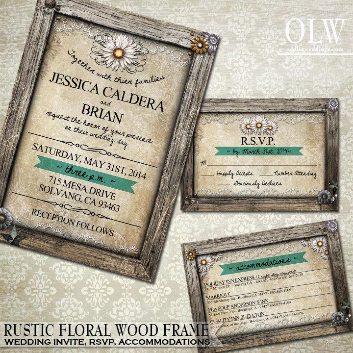 زفاف - Rustic Wedding Invitation RSVP Card  Accommodations Card  Rustic Wood Frame border Parchment background Daisy Flowers DIY Invitation