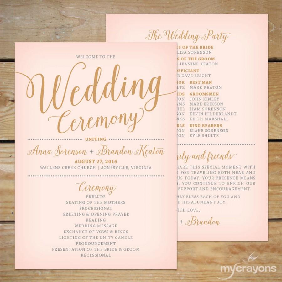Hochzeit - Blush Pink and Gold Wedding Program Fan // Printable Wedding Paddle Fan Program, Modern Calligraphy Wedding Programs
