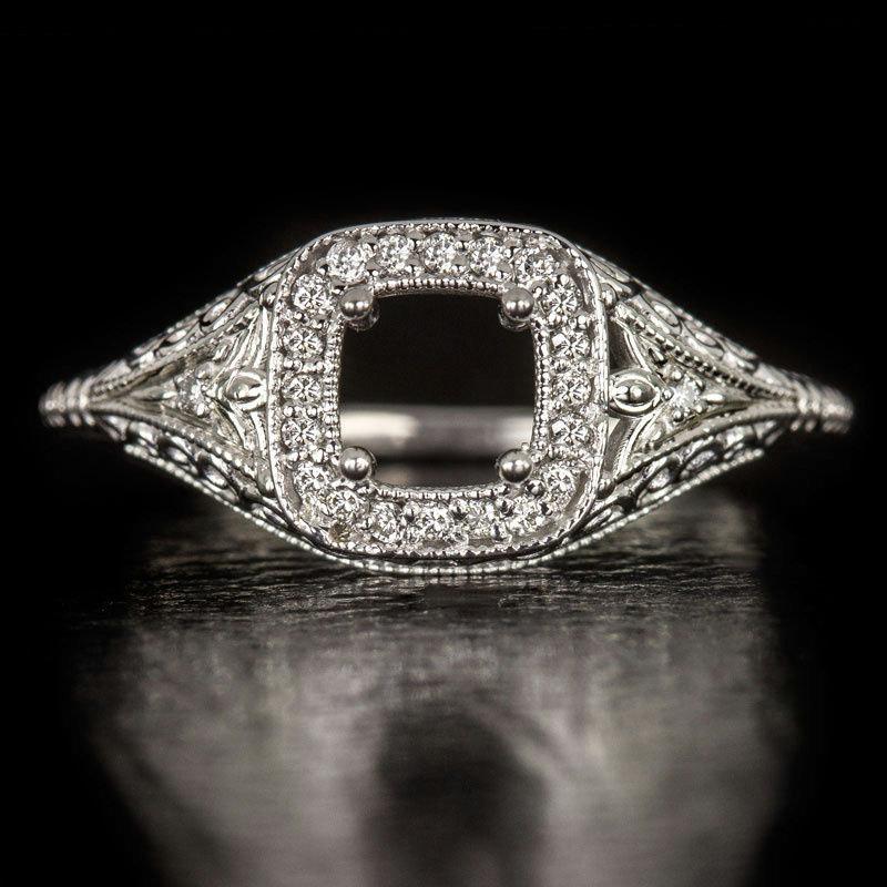 Свадьба - Antique Diamond Cocktail Ring Setting 14K White Gold Vintage Cushion Round Princess Engagement Filigree & Milgrain Halo Mount 7332