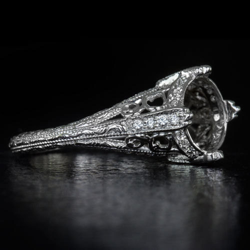 Hochzeit - 1900s Vintage Inspired Diamond Engagement Ring Setting 8mm Antique Filigree Milgrain Round Cushion Mount 14K White Gold 8171