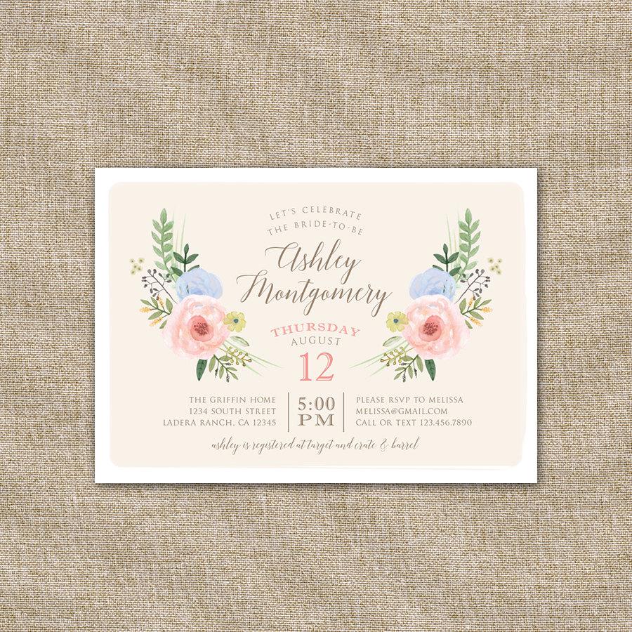 Свадьба - Printable Bridal or Baby Shower Invitation, Watercolor Wildflowers.