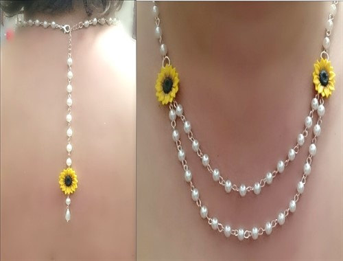 Mariage - Sunflower Necklace, Backdrop Necklace, Sunflower Jewelry, Gifts Yellow Sunflower Bridesmaid, Flower and Pearls Necklace, Bridesmaid Necklace