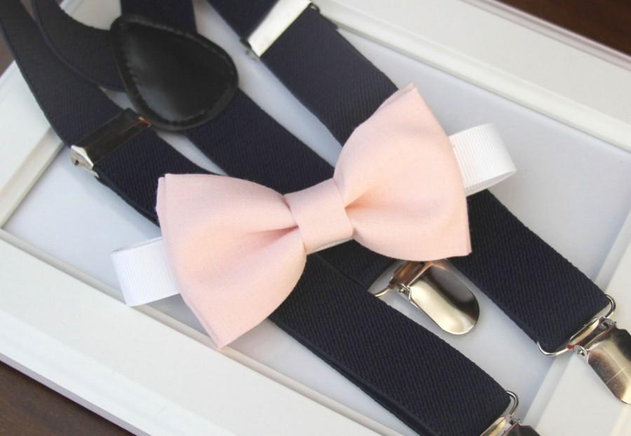 زفاف - Light Pink bow-tie & Navy elastic suspender set - Blush bow tie and navy suspenders